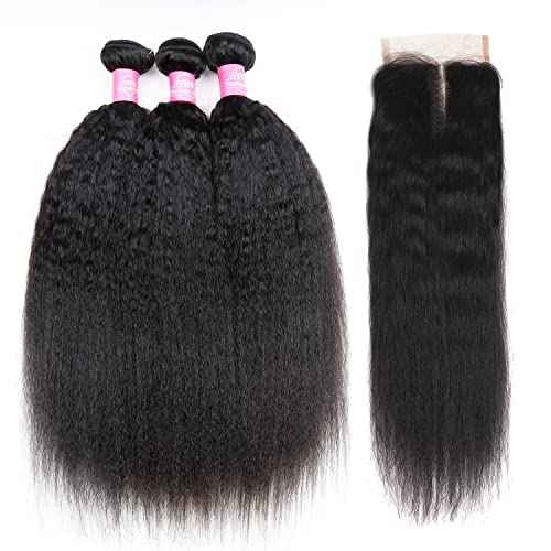 Kinky Straight Bundles with Closure 10A Yaki Straight Human Hair 3 Bundles with 4x4 Lace Closure Unprocessed Brazilian Virgin Human Hair Weave Extensions Natural Color (16 18 20+14 closure)