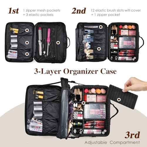 Adazzo Extra Large Makeup Case 8.5¡± Deep Professional Cosmetic Organizer Box Brush Holder with 3 Clear Set Bags/Lipstick Plate for Makeup Artists with Shoulder Strap/Adjustable Dividers/Luggage Sleeve