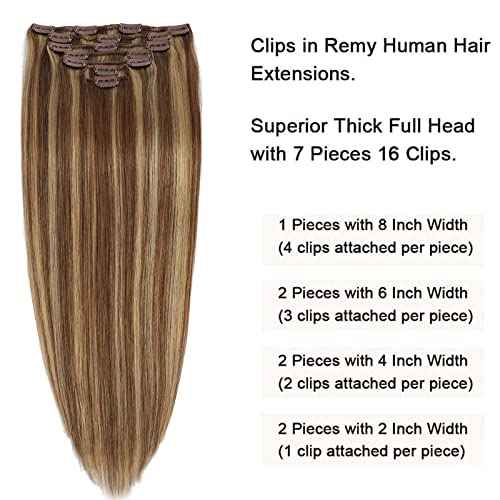 Clip in Hair Extensions Real Human Hair 7pcs 120g Straight Hair Extensions 20 Inch Chestnut Brown to Light Blonde Thick Remy Extensions Straight