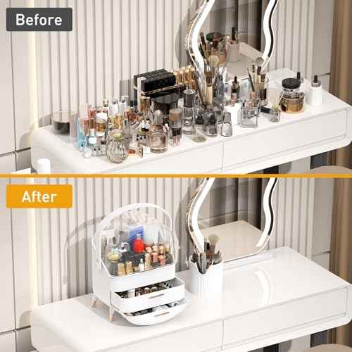 Makeup Organizer with Transparent Lid & 2 Drawers ? Large Capacity Cosmetic Skincare Storage Box for Bathroom Vanity, Countertop, Bedroom ? Portable and Dustproof, White (11"x7"x14")