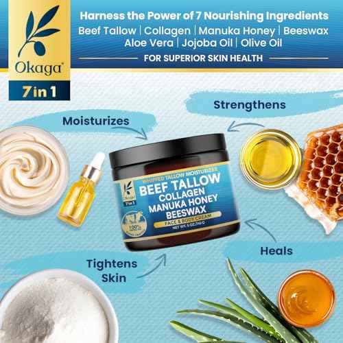 Organic Beef Tallow for Skin, Organic Grass-Fed Beef Tallow Balm with Manuka Honey, Aloe Vera, Jojoba Oil, Collagen & Beeswax, Olive Oil, Moisturizer for Dry Skin, Nourishes Face, Body & Lips (5oz)