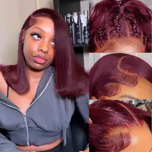 Deep Burgundy Bob Wig Human Hair 16 Inch Short Bob 13x4 HD Transparent Lace Front Wig Darker Than 99J Burgundy Pre Plucked Hairline with Baby Hair Natural Black Women Wig Heat Resistant 180 Density