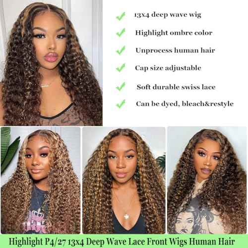 20 inch Highlight Ombre Lace Front Wig Human Hair 200 Density Honey Blonde Wig Human Hair 13x4 HD 4/27 Deep Wave Lace Frontal Wigs Pre Plucked with Baby Hair