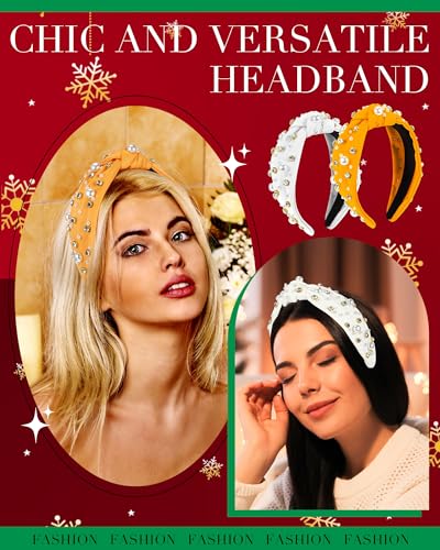 Riceshoot 4 Pcs Knotted Headbands with Pearl Rhinestone Crystal Jeweled Beaded Wide Top Headband Hairband for Women Ladies Girls Gift(Green, Red, Yellow, White)