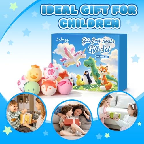 Aofmee Bath Bombs for Kids, 12 Pcs Kids Bath Bombs with Essential Oil, 6 Animal Shapes and Fruity Aroma, Natural Organic Spa Gift Set for Boys Girls, Birthday Christmas Halloween