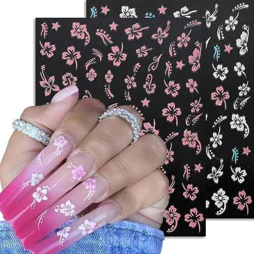 Flower Nail Stickers, Hibiscus Nail Decals 3D Self-Adhesive White Pink Gold Flower Pattern Summer Hibiscus Nail Design Manicure Tropical Accessories for Women Girls(6Sheets)