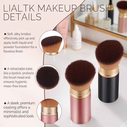 Retractable Kabuki Makeup Brush - All-in-One Travel Foundation, Powder, Blush, Liquid & Cream Face Brush | Portable & Easy to Use for Women & Beginners (Rose Gold)