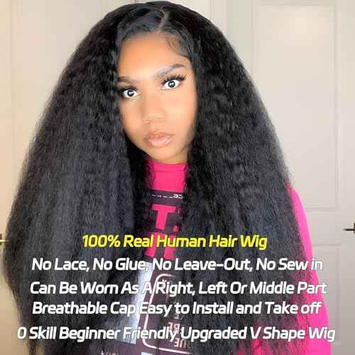 V Part Wig Human Hair Kinky Straight 20 Inch Vpart Human Hair Wig Upgrade U Part Wig Yaki Straight Clip in Half Wigs for Black Women Glueless No Leave Out 180% Density Natural Color