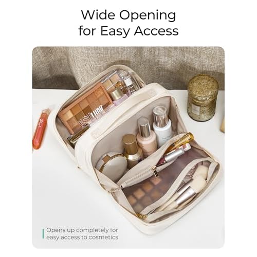 BAGSMART Travel Makeup Bag Cosmetic Bag for Women, Wide-open Portable Make Up Organizer for Women for Essentials Cosmetics Toiletries Accessories, Brushes, Medium Capacity