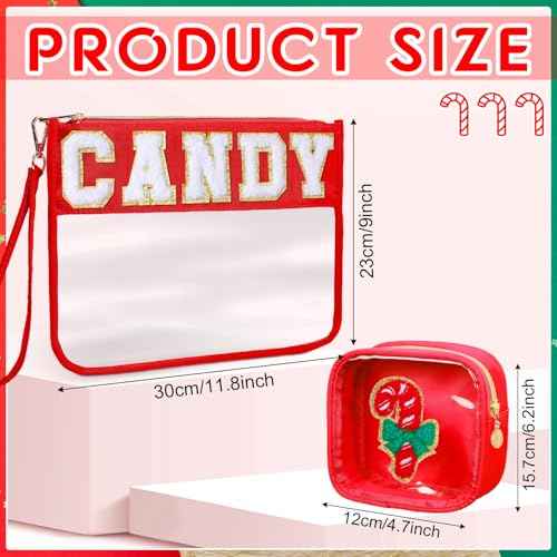 Hillban 2 Pcs Christmas Gifts Chenille Letter Bags Xmas Makeup Cosmetic Bag Clear Toiletry Zipper pouch Candy Canes purse Waterproof Travel Purse Preppy Things for Women Holiday Present