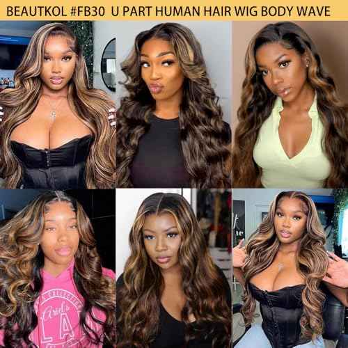 U Part Human Hair Wig Body Wave Highlight #1b/30 Ombre Brown Wig 180% Density U Part Wig Half Brazilian Virgin 100% Human Hair Wigs For Black Women Clip In Glueless No Leave Out Wig 22Inch