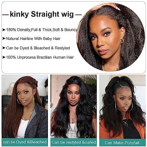 Kinky Straight Wig 20 Inch 180% Density Yaki Straight Human Hair Wig With Pre-Plucked Hairline & Adjustable Straps,Natural Black 13x4 Lace Front Wigs Human Hair For Black Women