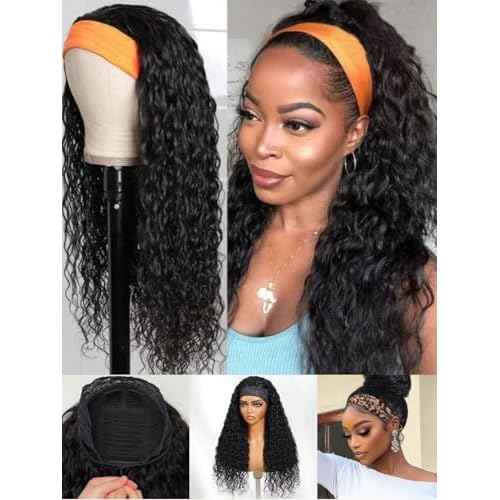 Nadula Water Wave Headband Wig Human Hair with Drawstring ? Glueless HookFit Wet and Wavy Half Wig Beginner Friendly, Ready to Wear Clip in Half Wigs for Women Natural Black Color 16inch