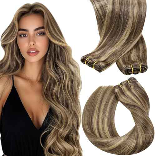 Sunny Hair Sew in Hair Extensions Real Human Hair Dark Brown with Caramel Blonde Highlights Weft Hair Extensions Human Hair Brown Sew in Extensions for Women Real Hair Bundles Human Hair 20inch 100g