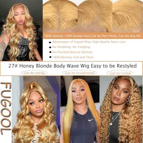 Honey Blonde Wig Human Hair 13x6 Body Wave Hd Lace Front Wigs Human Hair Pre Plucked 27# Colored Blonde Lace Frontal Wig 180% Density Real Hair Wavy Human Lace Front Wigs For Black Women 30Inch