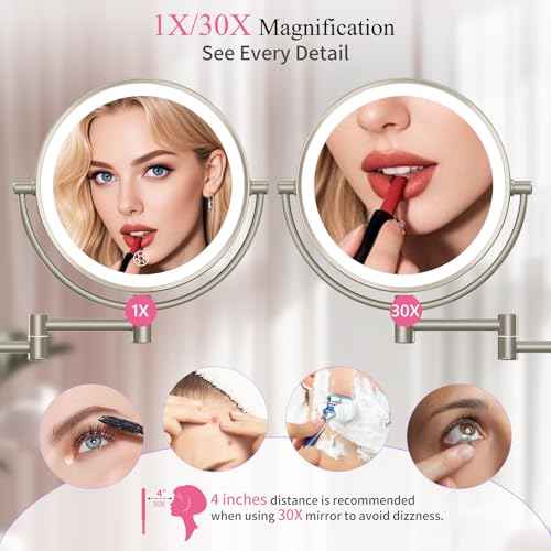 Wall Mounted Makeup Mirror with Lights, 30X/1X Double-Sided Magnifying, Plug-in Lighted Vanity Mirror with 3 Color Modes, Dimmable Brightness, 360¡Æ Swivel Extendable Arm for Bathroom & Grooming
