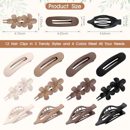 12 PCS Flat Hair Clips - 3 Styles Matte Flat Claw Clips Set Duckbill Barrettes for Women, No-Slip Strong Hold for Thin and Thick Hair, Hair Accessories for Girls Gift (Brown)
