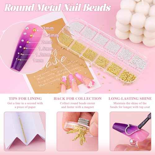 Flatback Pearls and Metal Nail Beads for Nail Art (Silver+Gold), Luxurious Pearl Nail Charms and Small Round Caviar Beads Nail Accessories for Acrylic Nail Tips Manicure Decor