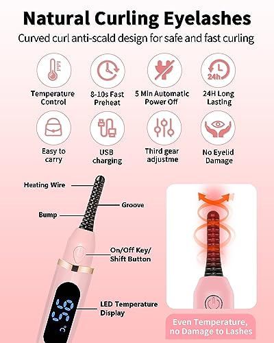 Heated Eyelash Curlers - Eye Lash Curler Heat with Eyelash Comb - Electric Eyelash Curler - Rizador De Pestañasey LED Display 3 Temp Settings USB Charge Natural Curling 24H for Women Makeup Tool Gifts