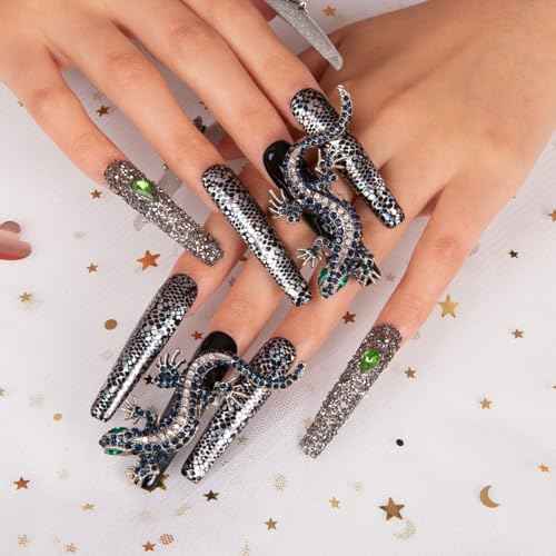 LOVFUL Press on Nails Mr Gecko | Handmade with Full Covered Crystals | Reusable Fake Nails | Coffin Long 2.2 in | H62-M