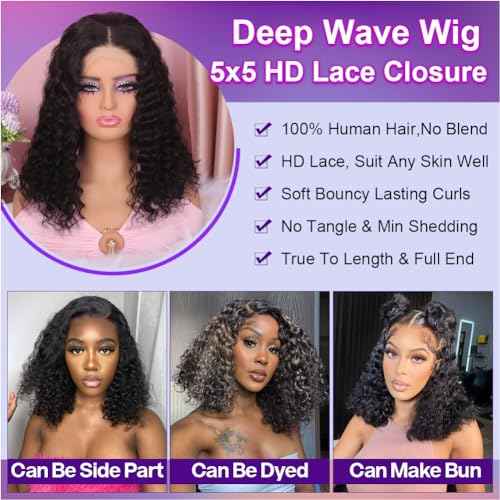 Curly BOB Wig Human Hair 200 Density 5x5 HD Lace Closure Deep Wave Wigs for Black Women Glueless Wear and Go Pre Plucked Deep Wave Wet and Wavy Glueless Wigs Human Hair Natural Black 14 Inch