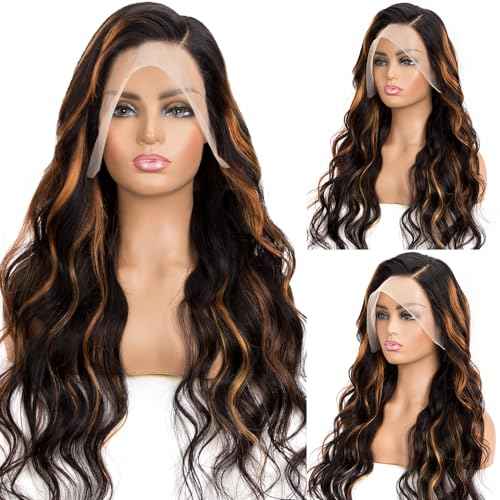 13x6 Highlight Body Wave Lace Front Wigs Human Hair Pre Plucked 200% Density FB/30 Ombre Frontal Wigs Human Hair HD Lace Wig Glueless Balayage Wigs for Black Women Human Hair Bleached Knots 24 Inch