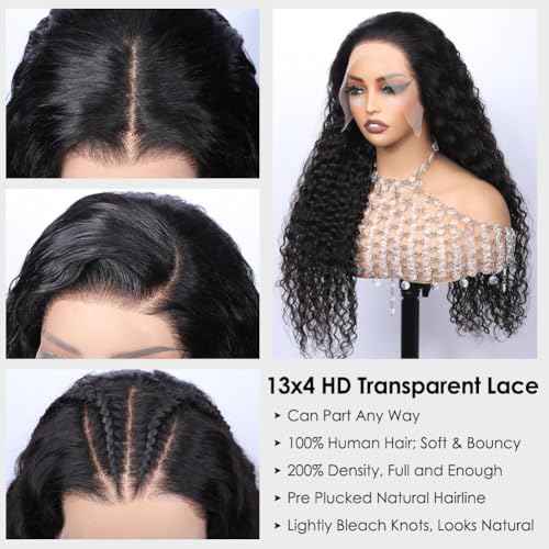 13x4 HD Transparent Lace Front Wigs Human Hair Pre Plucked Hairline with Baby Hair 200 Density Brazilian Water Wave Wigs for Black Women(20 Inch)
