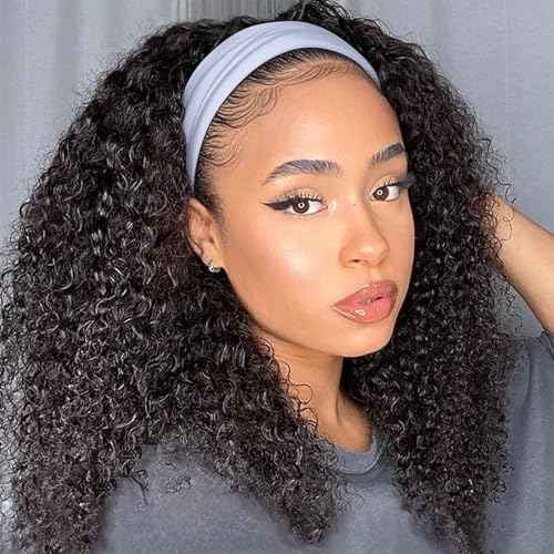 Headband Wig Human Hair Kinky Curly Headband Wigs for Black Women 18 Inch Human Hair Headband Wig Curly Human Hair Wig Half Wigs 150% Density Natural Black Color