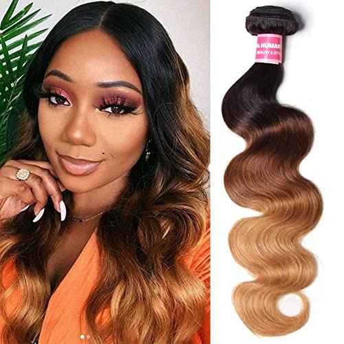Sunber Ombre Brazilian Hair Bundles Body Wave 12A Grade Human Virgin Hair One Bundles 3 Tone 1B/4/27 Color Hair Extensions 22Inch T1B/4/27 Color