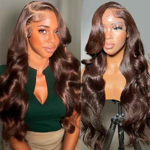 VRBest Chocolate Brown Lace Front Wig Human Hair Body Wave 13x6 HD Lace Front Wigs Pre Plucked 4# Colored Brown Wig Human Hair Wigs for Black Women 24 inch