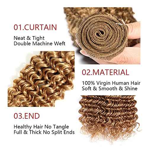 Color 27 Deep Wave Bundles Honey Blonde Human Hair 3 Bundles Brazilian 100% Unprocessed Virgin Extensions Double Weft Bundle 14 16 18 Inch