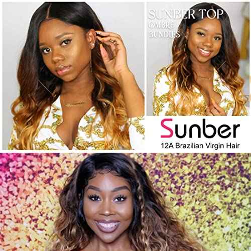 Sunber Ombre Brazilian Hair Bundles Body Wave 12A Grade Human Virgin Hair One Bundles 3 Tone 1B/4/27 Color Hair Extensions 22Inch T1B/4/27 Color