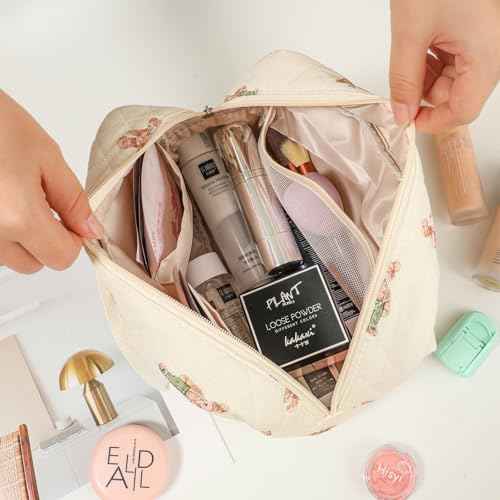 Large Size Quilted Coquette Makeup Bag, Cute Preppy Floral Cotton Travel Cosmetic Organizer Bag with Top Handle, Multi-Layer Travel Toiletry Pouch for Girls (04Bear)