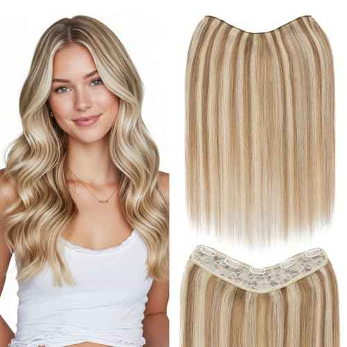 One Piece Clip in Hair Extensions 100% Real Human Hair 3/4 Full Head Hair with Upgraded V-Shaped Weft 5 Clips in Hair Extensions for Women, £¨20 Inch, #12P613 Golden Brown mixed Bleach Blonde£©