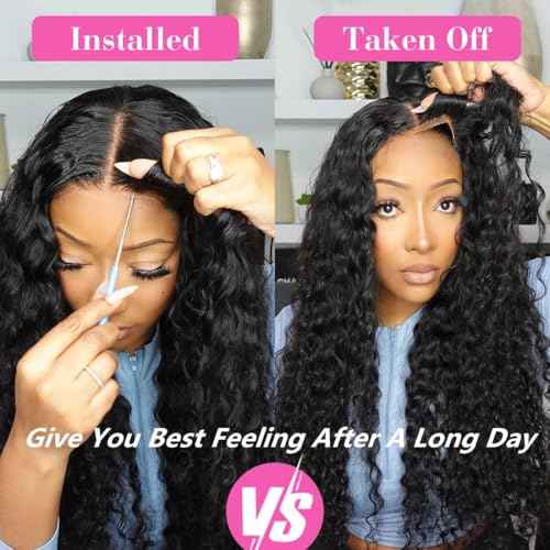 Glueless Wigs Human Hair Pre Plucked Pre Cut 250% Density 5x5 Deep Wave Lace Closure Wigs Human Hair Wear and Go Glueless Wigs Brazilian Virgin Human Hair Wigs (#1B,20Inch)