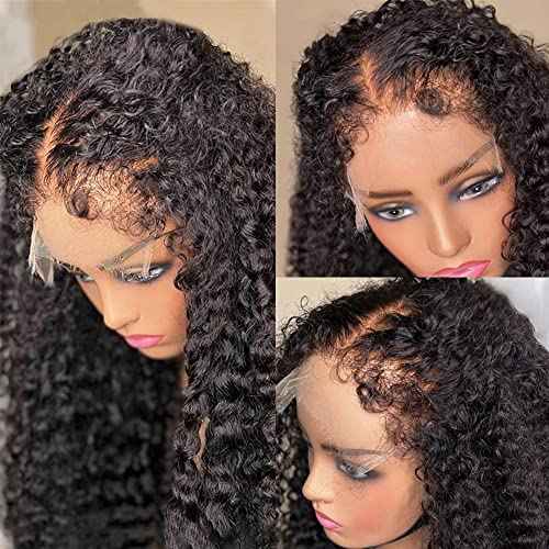 Kinky Curly Edges Hairline 13x4 Lace Front Wigs Human Hair Transparent HD Lace Frontal Wig Pre Plucked Pre Bleached Knots 4C Edges Baby Hair Deep Wave Curly Wig 180% Density (16inches)