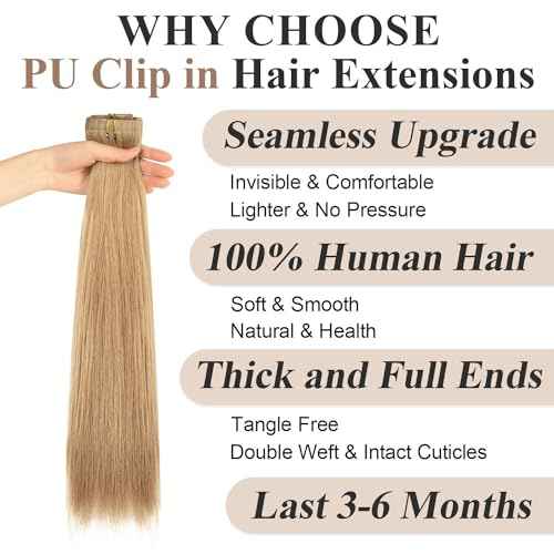Seamless Clip in Hair Extensions 6pcs 120g, PU Real Human Hair Extensions Clip Ins Straight Dirty Blonde Hair for Women 24Inch, PU Clip-18# Dirty Blonde Straight, 6.0 Ounce