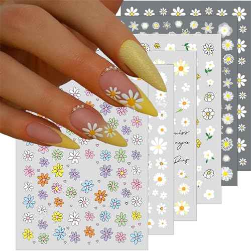 6 Sheets Daisy Nail Art Stickers, Charming Flower Chrysanthemum 3D Trendy Design Self-Adhesive Spring Nail Art Decals, DIY Manicure Decoration Supplies Accessories for Women Girls