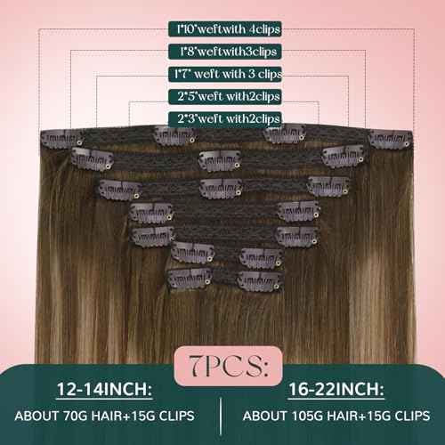 Easyouth Clip in Hair Extensions Balayage Thick Human Hair Clip in Extensions Dark Brown Fading to Caramel Blonde Mix Brown Clips in Extensions Real Human Hair Ease of Use 20 Inch 7Pcs 120G