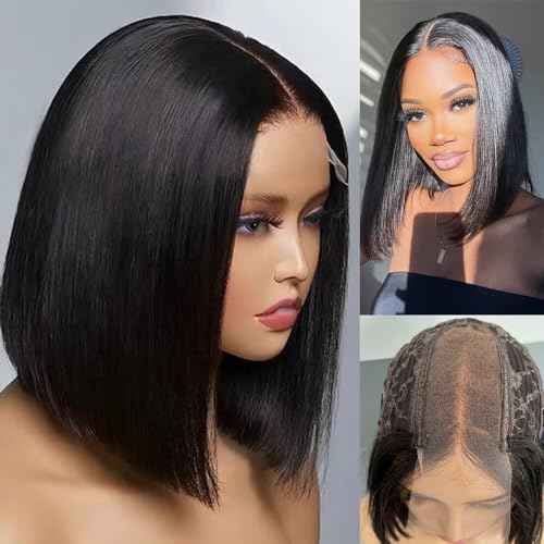 2X6 Deep Parting SKINLIKE Real HD Human Hair Short Bob Wigs Pre Plukced 0.10mm Ultra-thin Invisible Swiss HD Lace Closure Single Knot Undetectable Melted Lace Closure Wigs 180% Density 12Inch