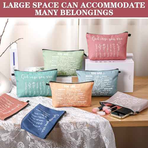 Chunful 12 Pcs Inspirational Christian Gifts Religious Makeup Bags Bulk for Women Bible Verse Flower Cosmetic Bag Thanksgiving Christmas Gift for Church Ladies, 7.48 x 4.72 Inch(Delicate)