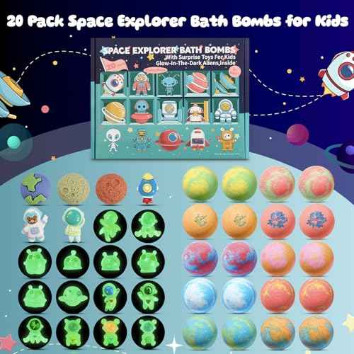 20 Pack Galaxy Bath Bombs for Kids with Space Explorer Toys, Cosmic Adventure Kids Bath Bombs with Astronauts, Rockets, Planets & Glow-in-The-Dark Aliens Inside,End-of-School Year Gifts
