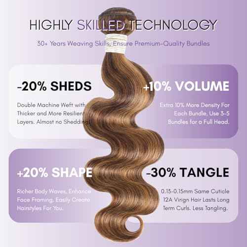 Honey Blonde Highlight Body Wave Single Bundles 28inch Human Hair, 12A 100% Unprocessed Virgin P4/27 Ombre Brown Brazilian Wavy Weaves Thick Track Balayage Colored Human Hair Bundles Remy Sew In