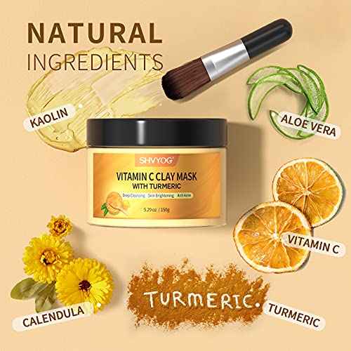 SHVYOG Vitamin C Face Mask with Kaolin Clay and Turmeric for Dark Spots, Dull Skin, Skincare Facial Mask for Controlling Oil and Refining Pores 5.29 Oz
