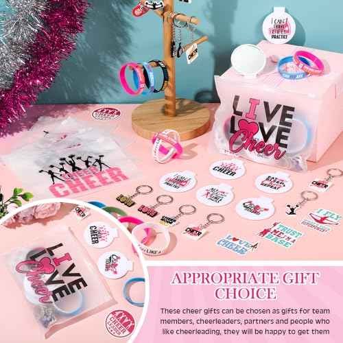 121 Pcs Cheerleader Gifts Kit 30 Zipper Portable Cheer Makeup Bag 30 Keychain Wristband Mirror 1 Bag Waterproof Cheer Stickers for Women Girls Cheerleader Teammates