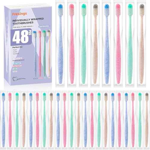 48-Pack Disposable Toothbrushes Individually Wrapped, Soft Bristle Bulk Travel Toothbrush for Adults, Kids, Guest, Hotel, Home, Camping, Donation ? 4 Colors, Mini Manual Value Pack