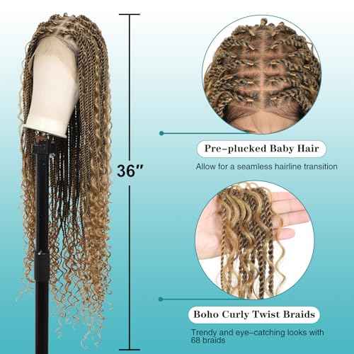 Kalyss HD Full Lace Boho Braided Wigs for Women 360 Lace Front Twist Braided Wigs with Baby Hair Light Brown Premium Synthetic Knotless Braid Wig 36"