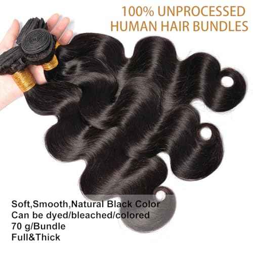 Body Wave Bundles Human Hair 20 22 24 Inch Human Hair Bundle 100% Unprocessed Brazilian Virgin Hair 3 Bundles Human Hair Extensions for Black Women Natural Color