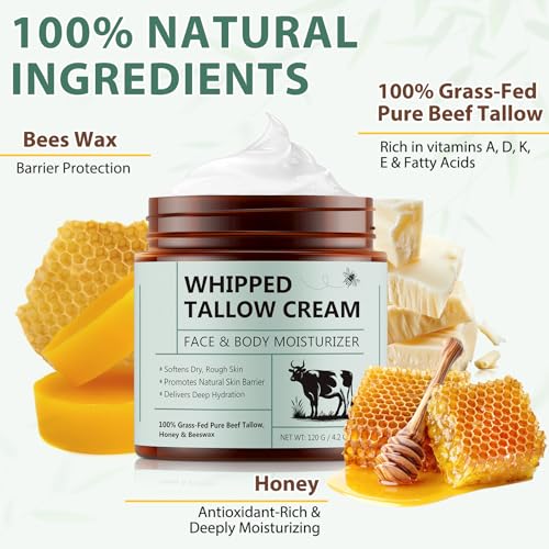 Beef Tallow for Skin, Tallow and Honey Balm (4.2 Oz), Tallow Face Moisturizer, Organic Grass Fed Whipped Beef Tallow with Honey Beeswax, Deeply Moisturizing for Face & Body, Unscented Fast Absorption