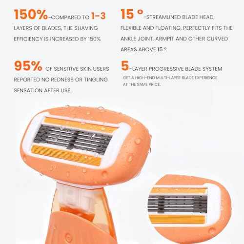 Mini Travel razor Kit for women with moisturizing bar - 1 Handle and 3 Cartridges - Extra Smooth 5-blade With Case for Close Shaving - Orange
